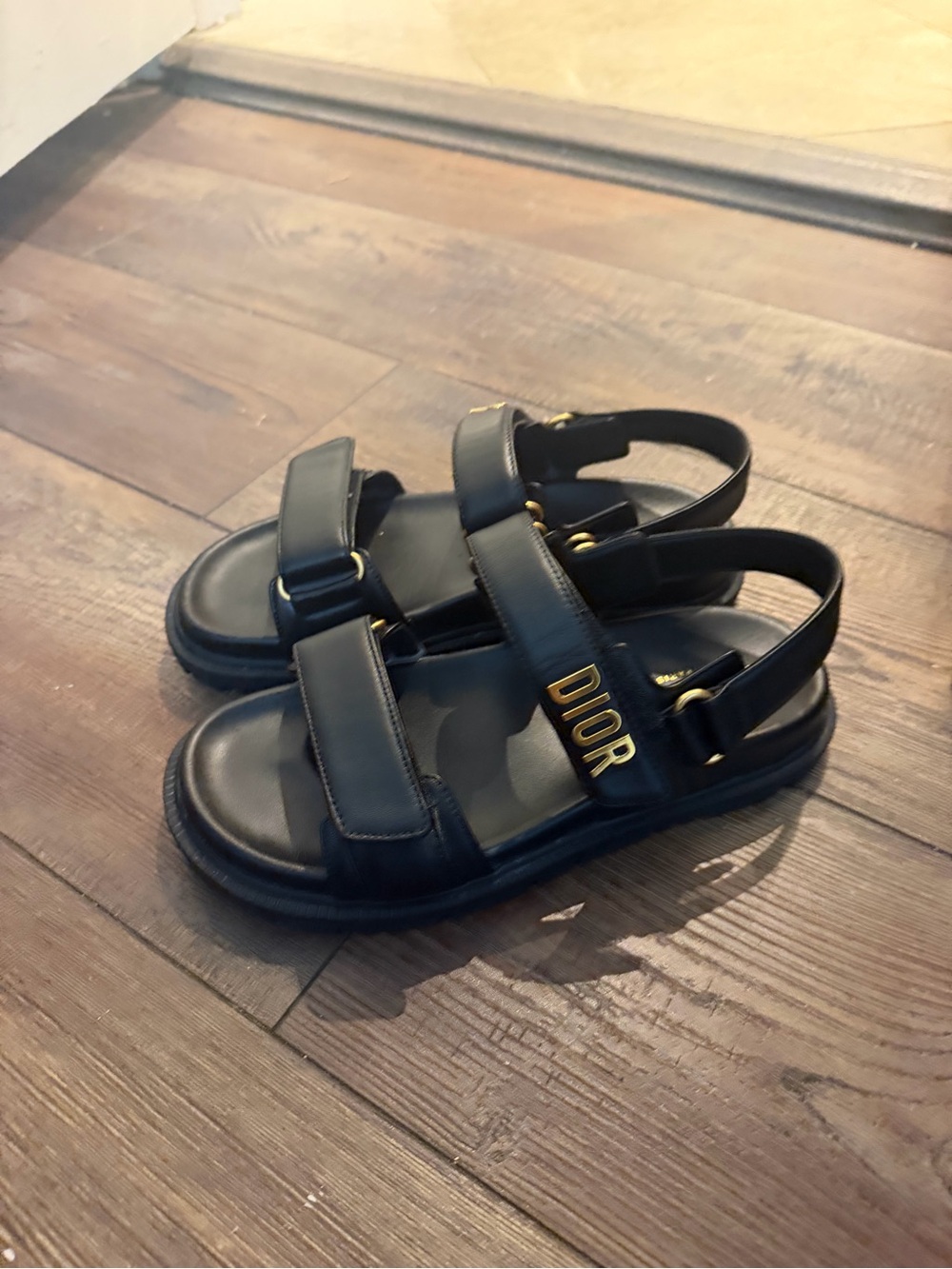 Dior Black Leather Sandals with Gold Dior Lettering